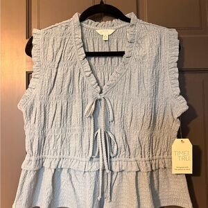 Time and Tru Pale Blue Crinkle Tie-Front Sleeveless Tunic